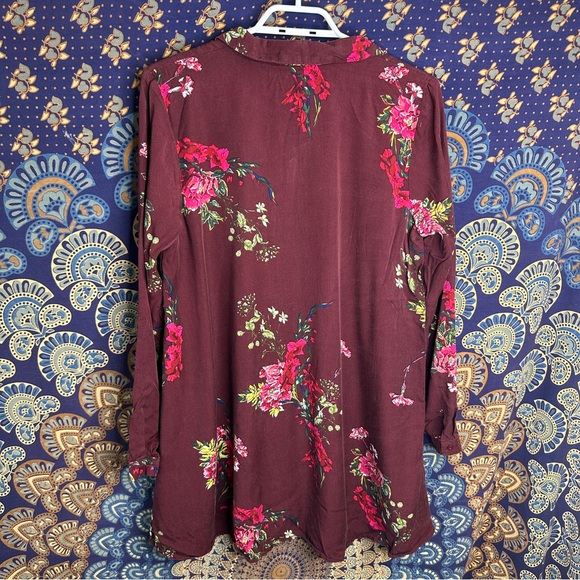 Floral burgundy button up tunic blouse - Picture 7 of 9